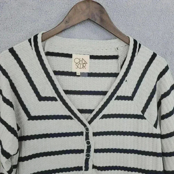 Chaser Women's Striped Long Sleeve Waffle Knit Henley Sweater Top XL 19CT - Picture 6 of 7